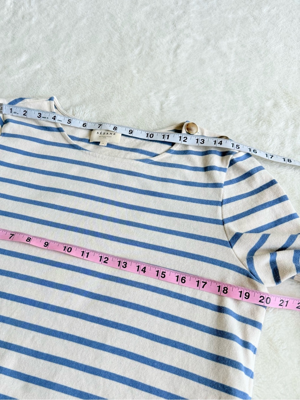 Sezane Colette Cotton Stripes Ivory Blue Crewneck Long Sleeve T-shirt L - Picture 5 of 10